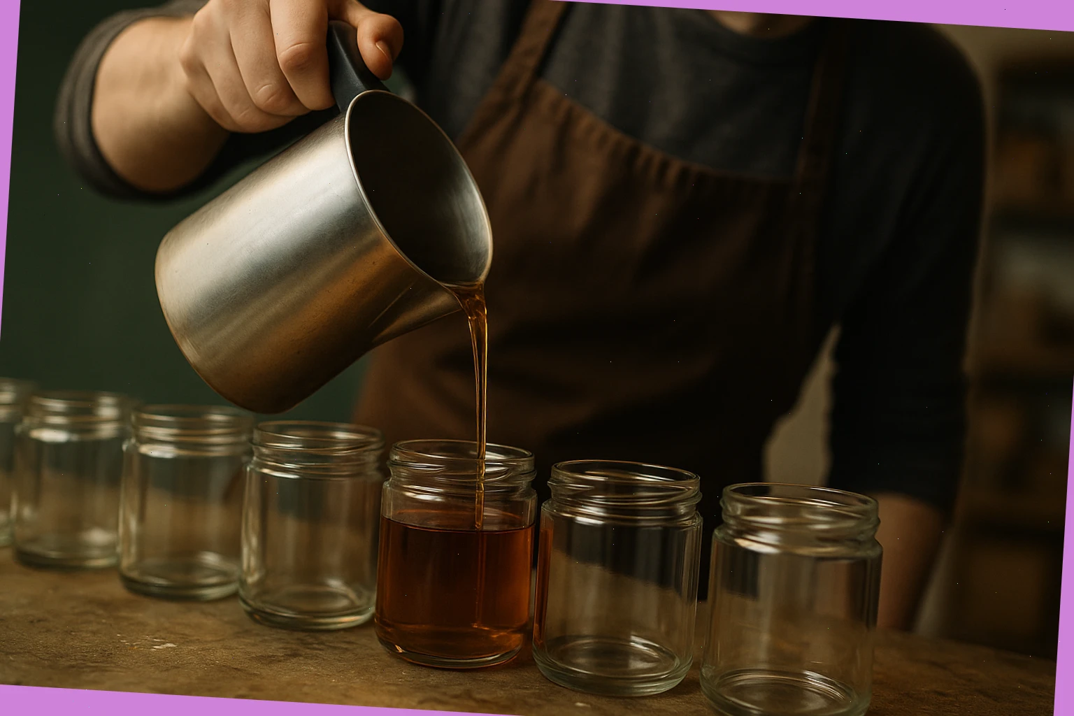 Maker pouring amber-toned wax into clear jars