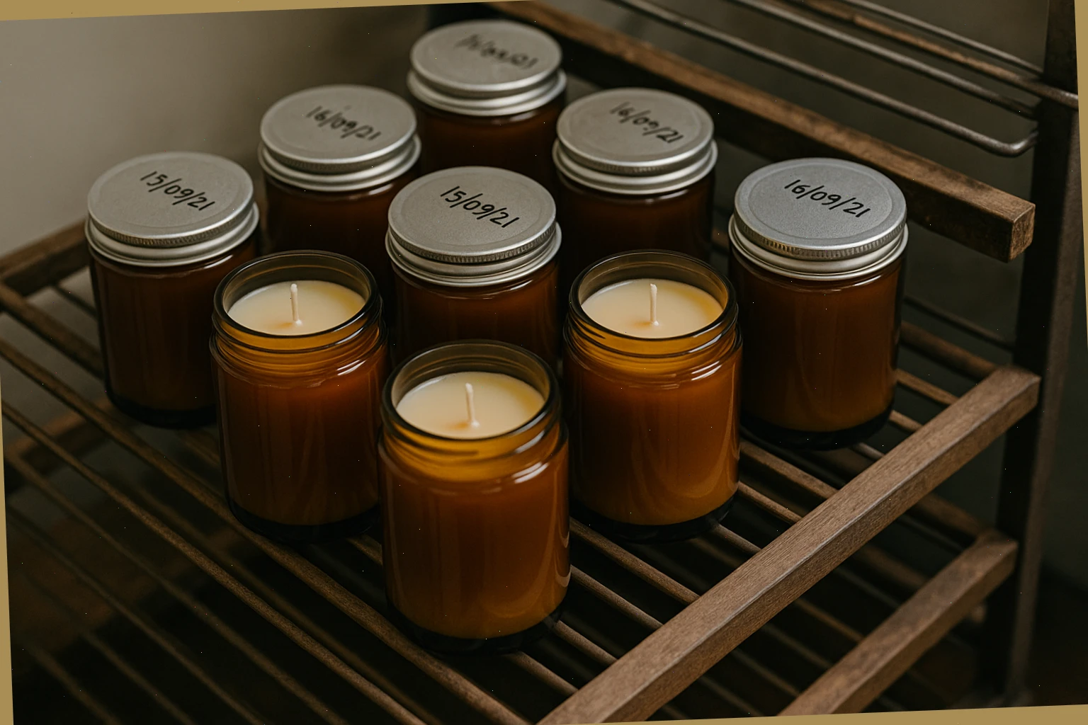 Cured candles resting on a rack with pour dates on lids