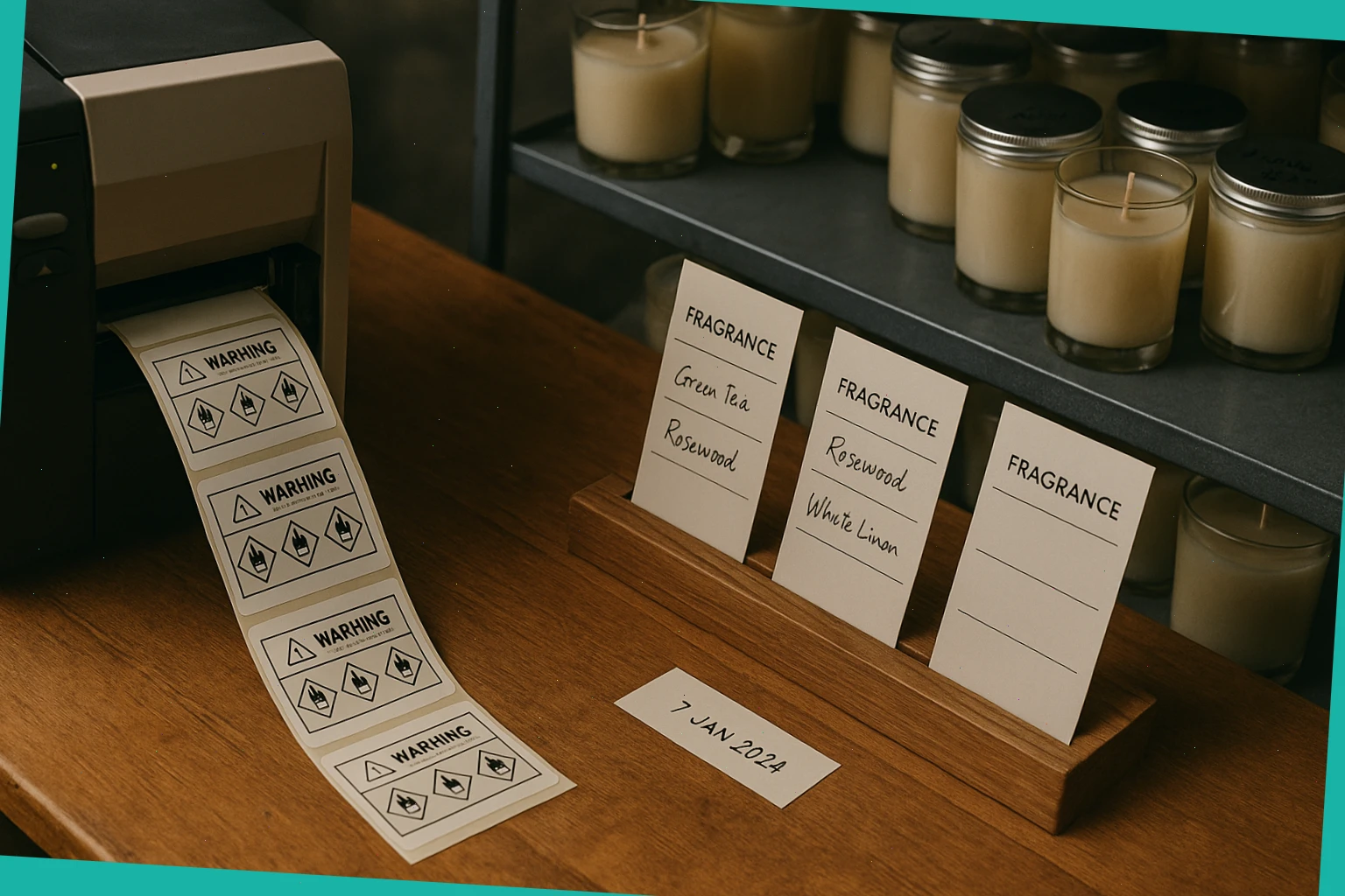 Label station with fragrance cards and safety icons