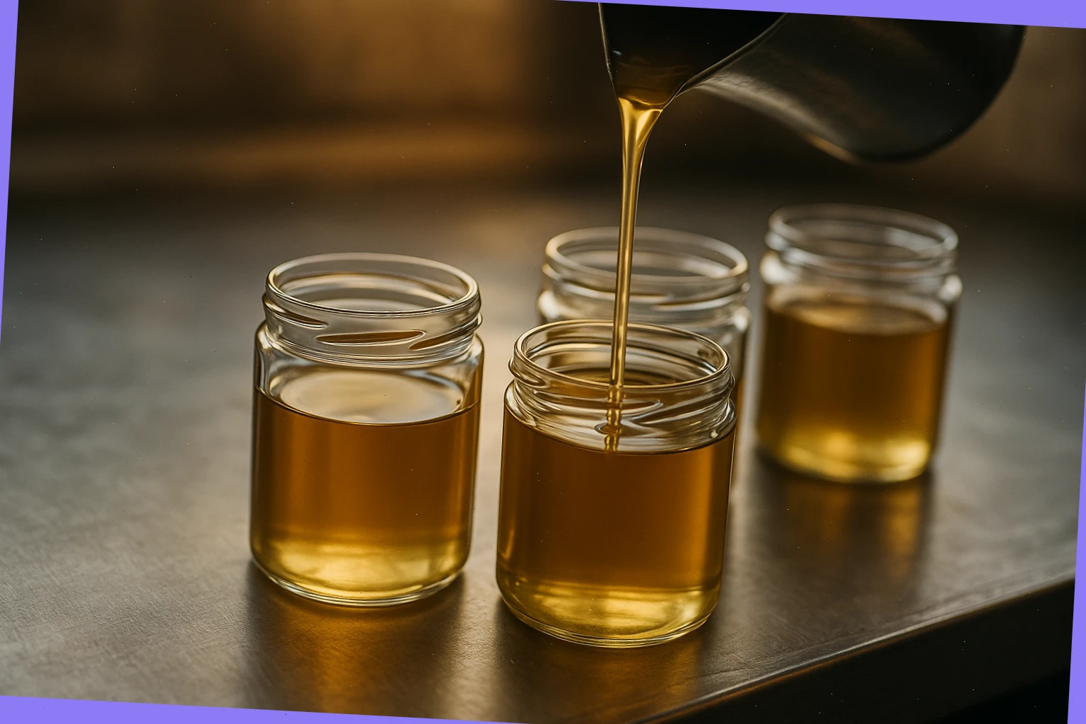 Warm wax stream pouring into glass jars on a steel bench