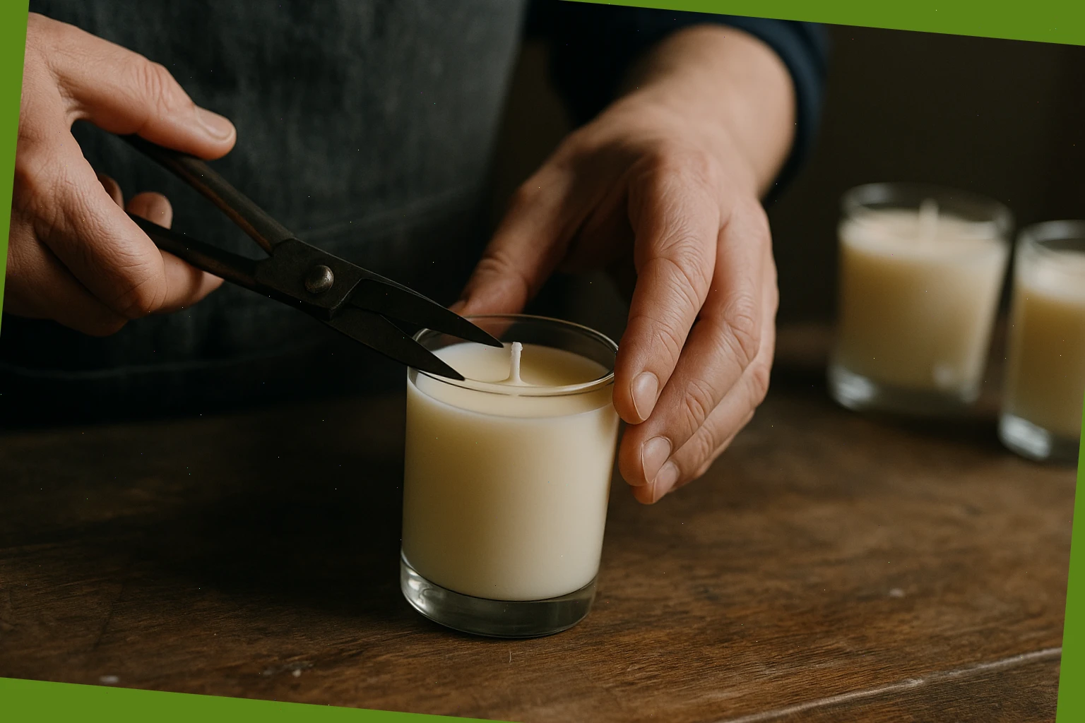 Maker trimming a cotton wick after curing